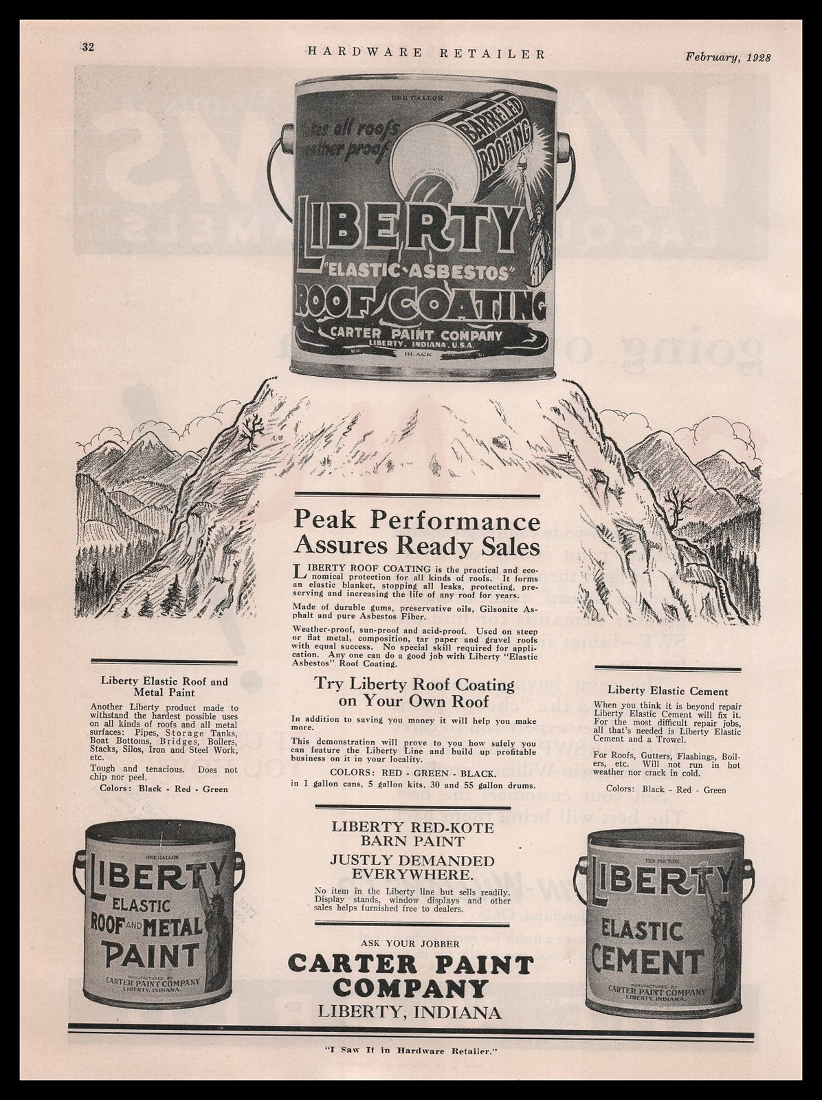 1927 Carter Paint Liberty Indiana Roof Coating Metal Elastic Paint Cans Print Ad