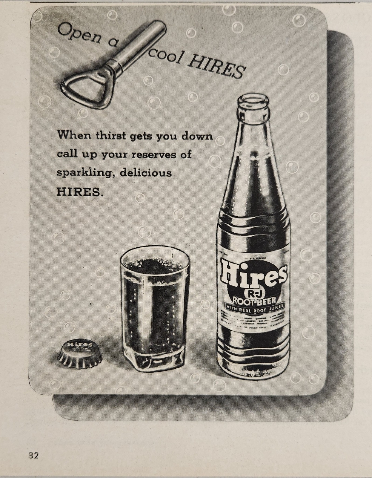 1945 Print Ad Hires Root Beer with Real Root Juices Glass Bottle & Glass