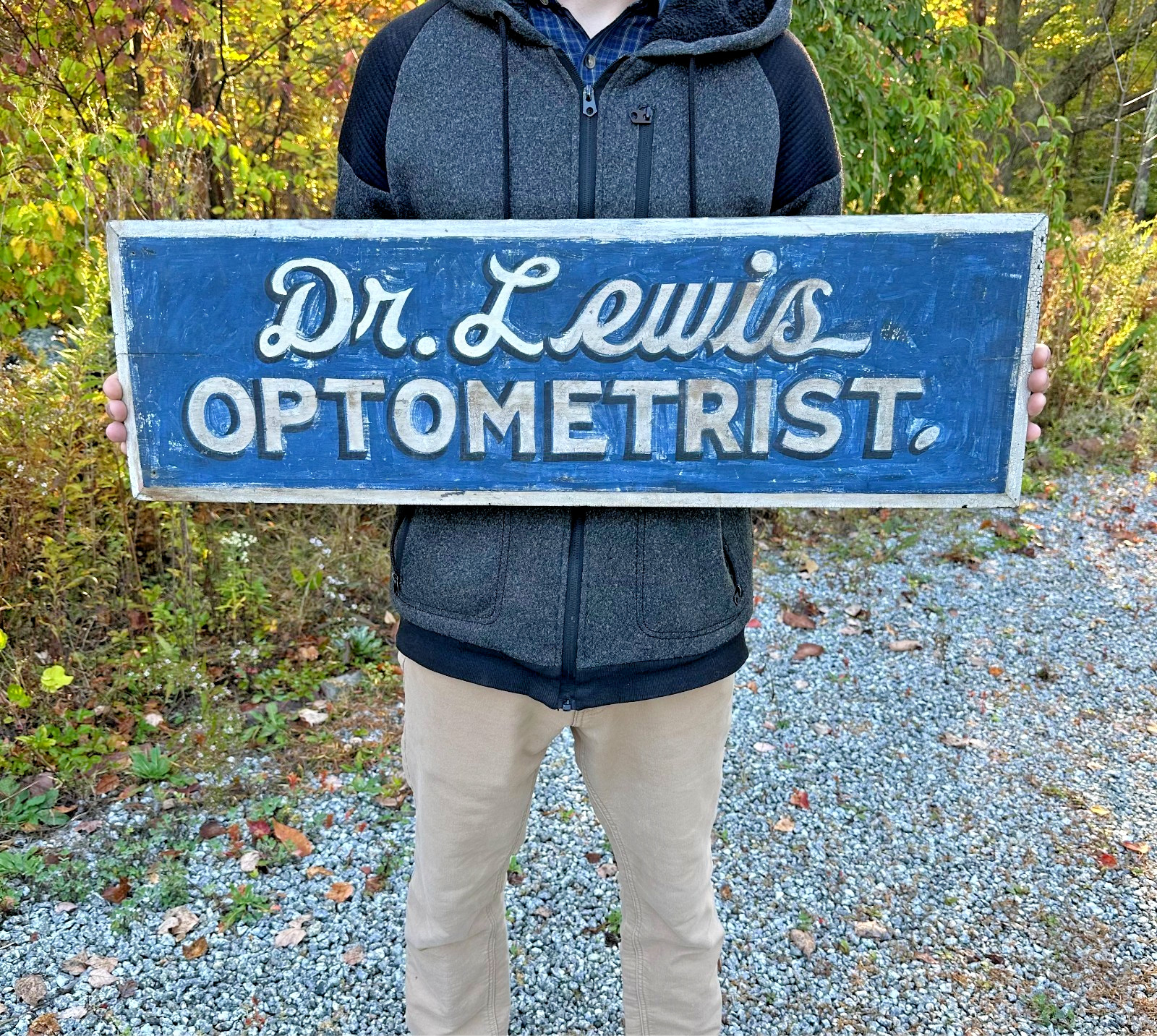 Antique Original Painted Wood Optometrist Sign Beautiful Blue Craquelure Surface