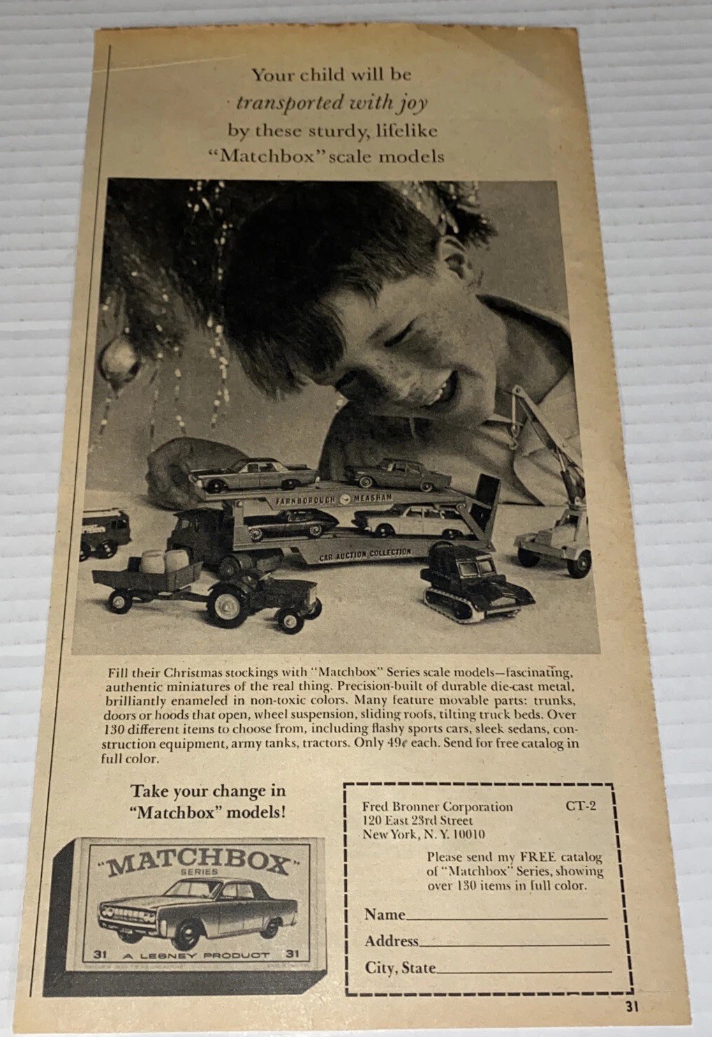 Vintage 1964 Matchbox Toy Car PRINT AD Christmas Boy Lesney