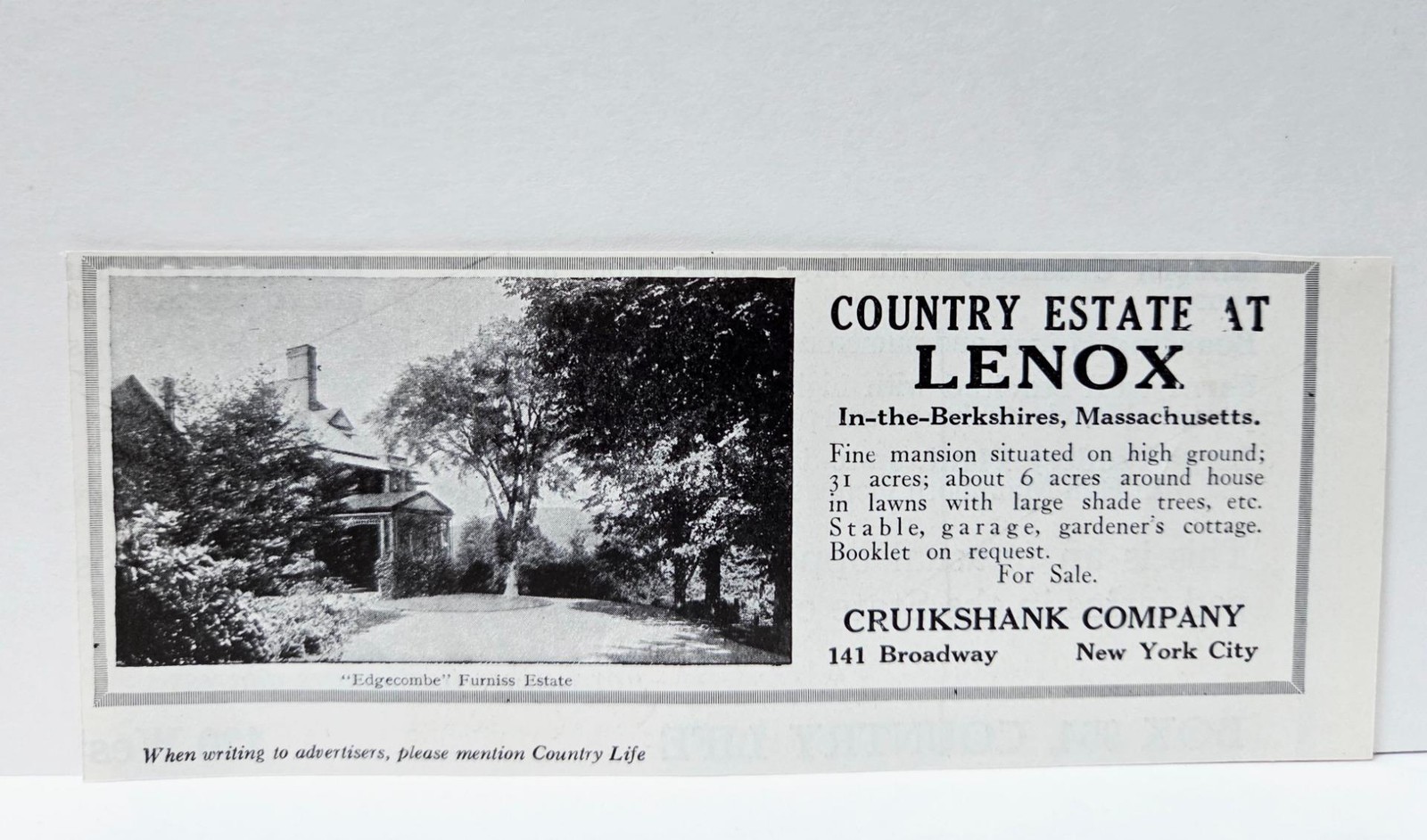 1919 Lenox MA “Edgecombe” Clementine Furniss Estate Cruikshank Co Photo Print AD