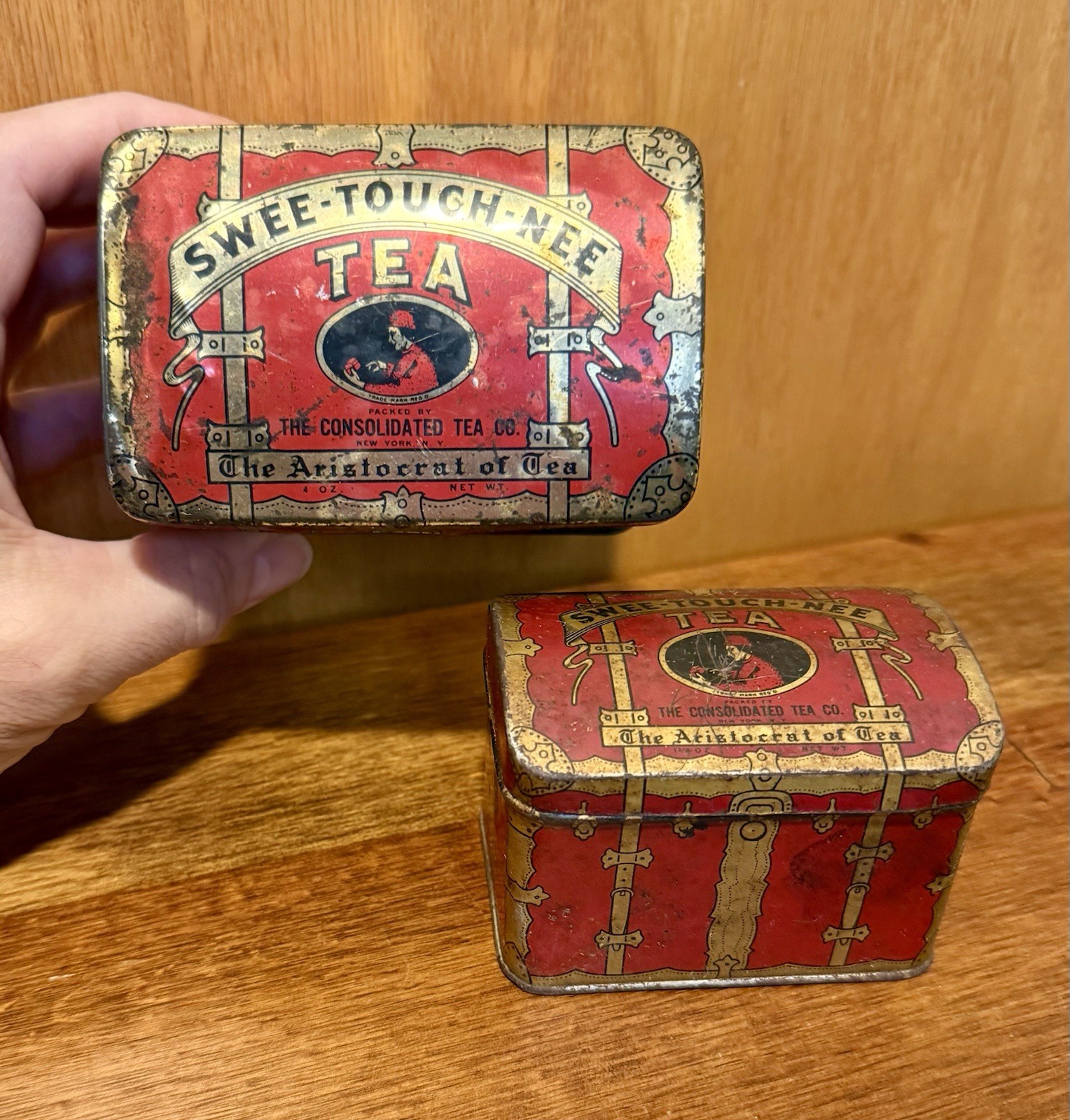 SET (2) Antique 1920s SWEE-TOUCH-NEE tin TREASURE CHEST Consolidated Tea Company