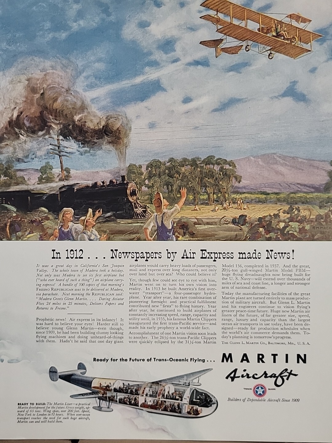 1940 Martin Aircraft Fortune WW2 Print Ad Q4 Air Express Train Pioneers
