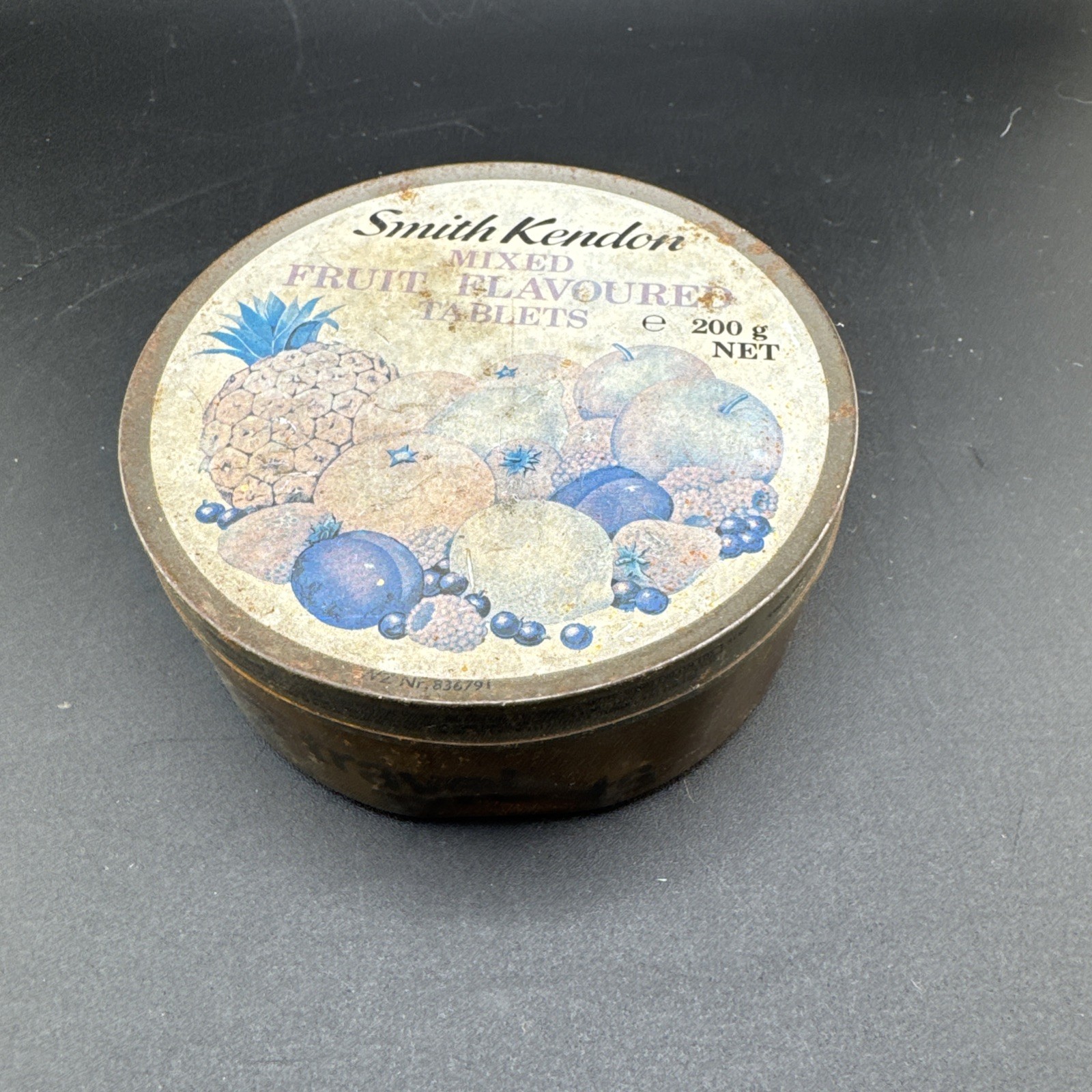Vintage Smith Kendon Round Mixed Fruit Travel Sweets Candy 4″ Metal Tin