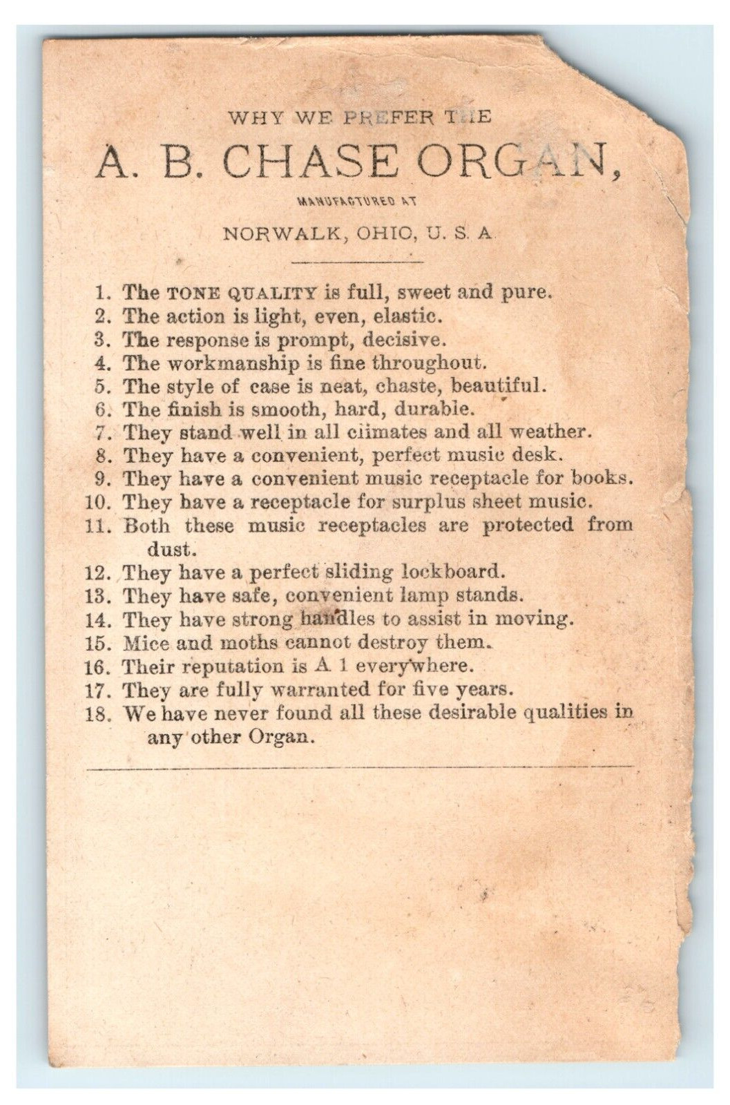 AB Chase Organ Co. Norwalk OHIO – Victorian Interior – Damaged