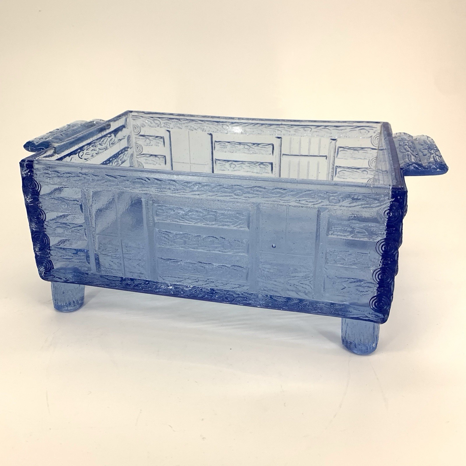 Vtg Reproduction Blue Glass Log Cabin Jar Lutted’s Cough Drops – No Lid 7” Long