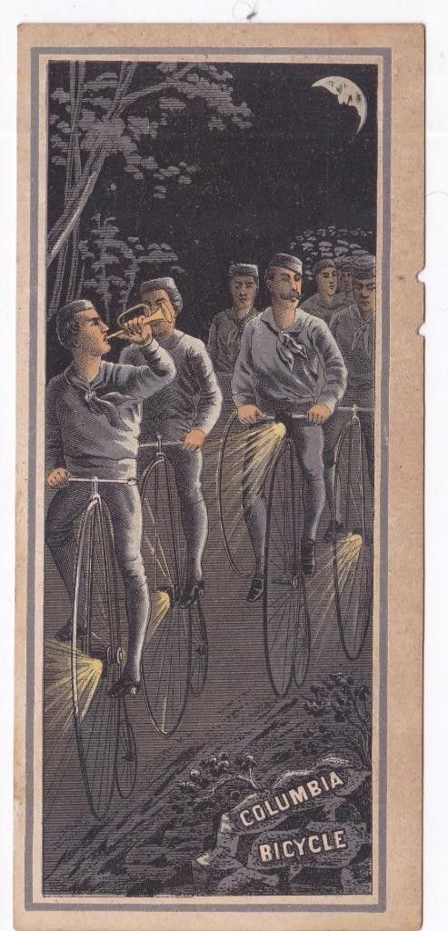 1882 Columbia Bicycle Pope Mfg. Co. Boston Victorian Trade Card Riders At Night