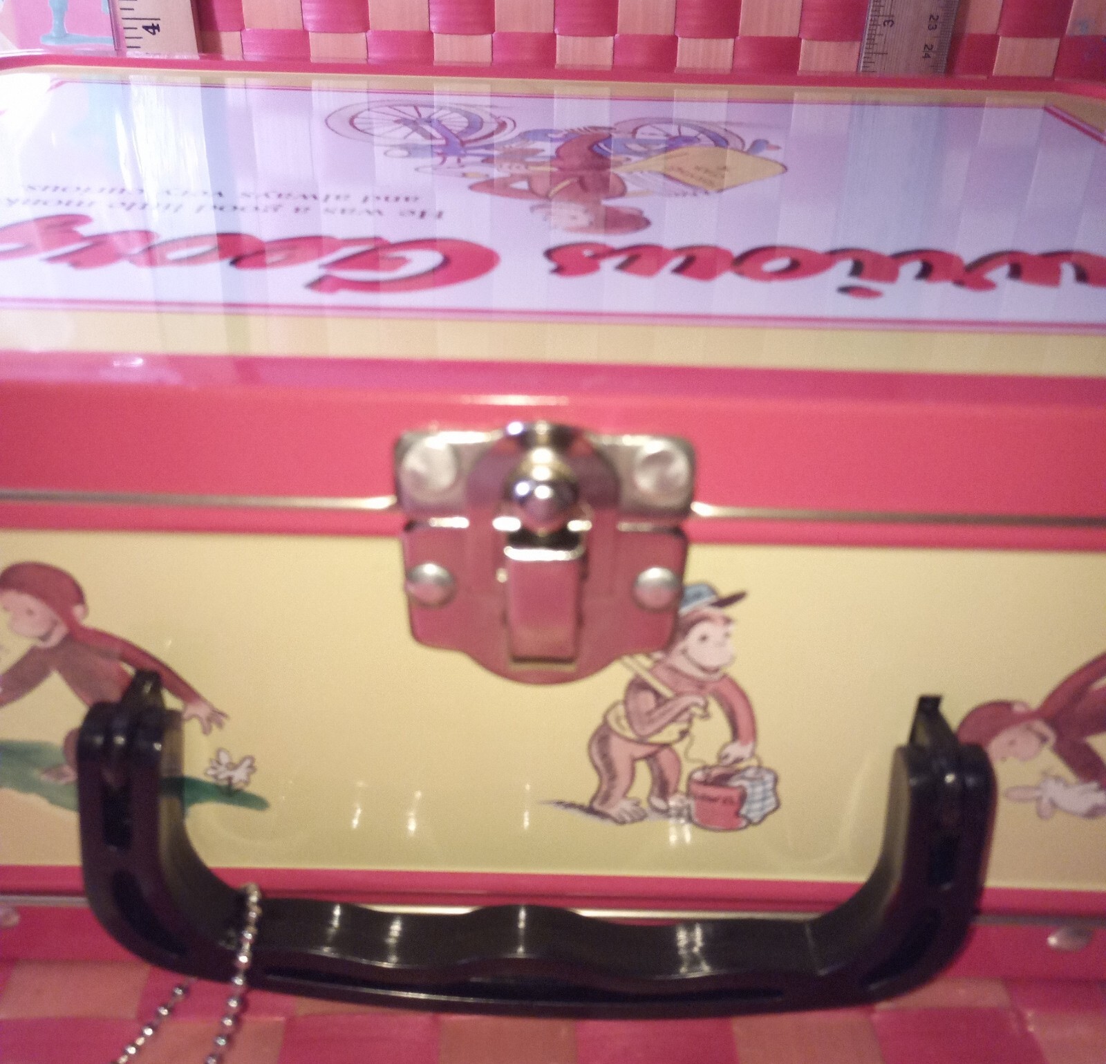 Curious George, collectible tin, vtg w/tag, 13 1/4″ L by 9 3/4″ H by 4 1/4″ W