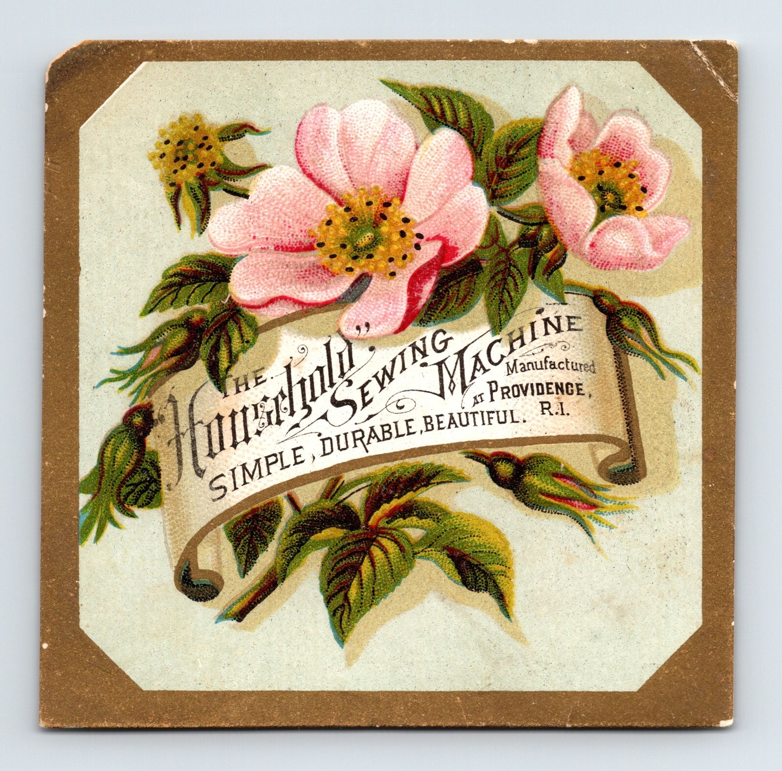 Household Sewing Machine Dog Rose Victorian Trade Card 1890s 3.25″ x 3.25″