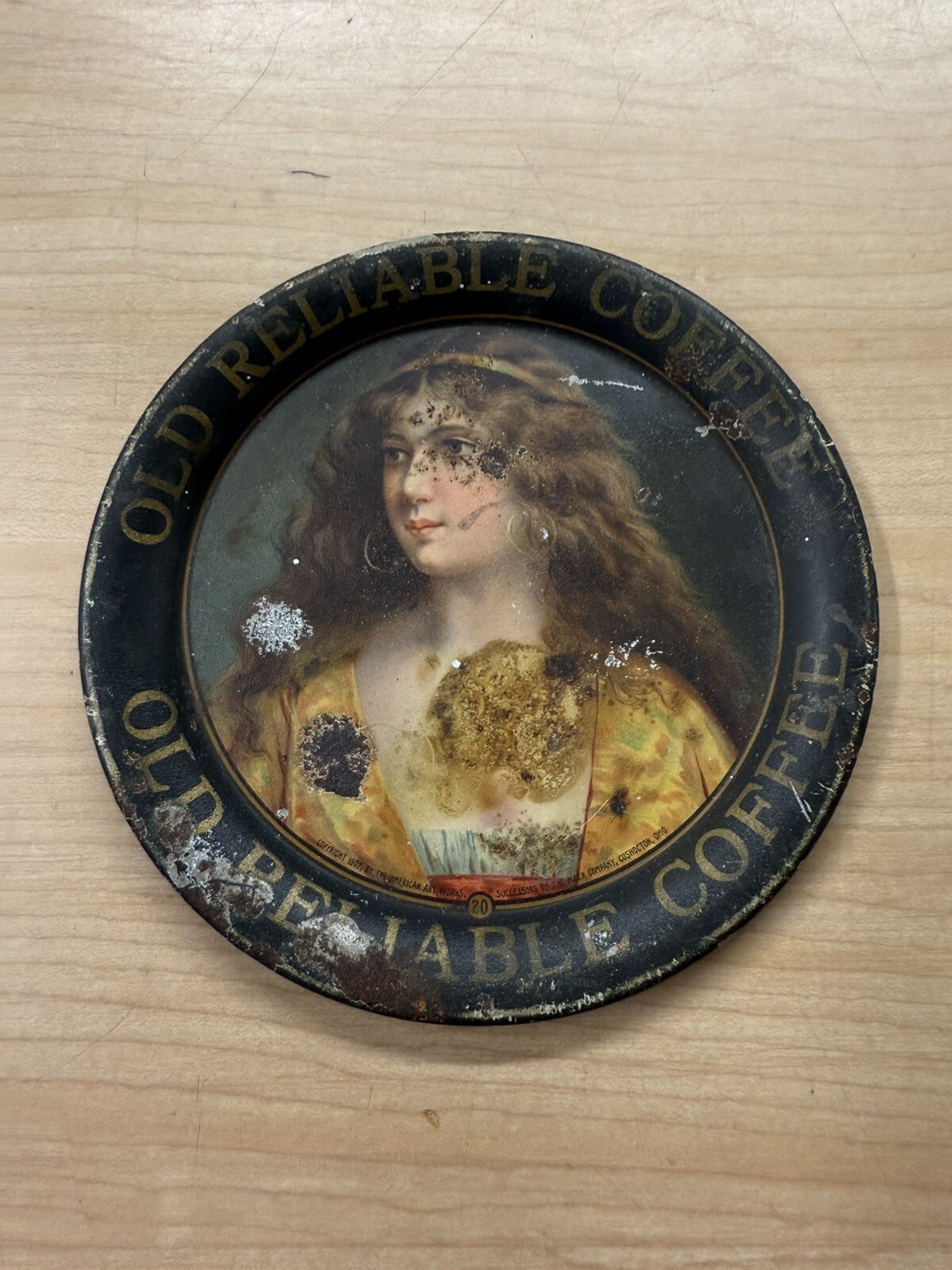 Original Rare 1907 Old Reliable Coffee Tip Tray American Art Works Early Metal