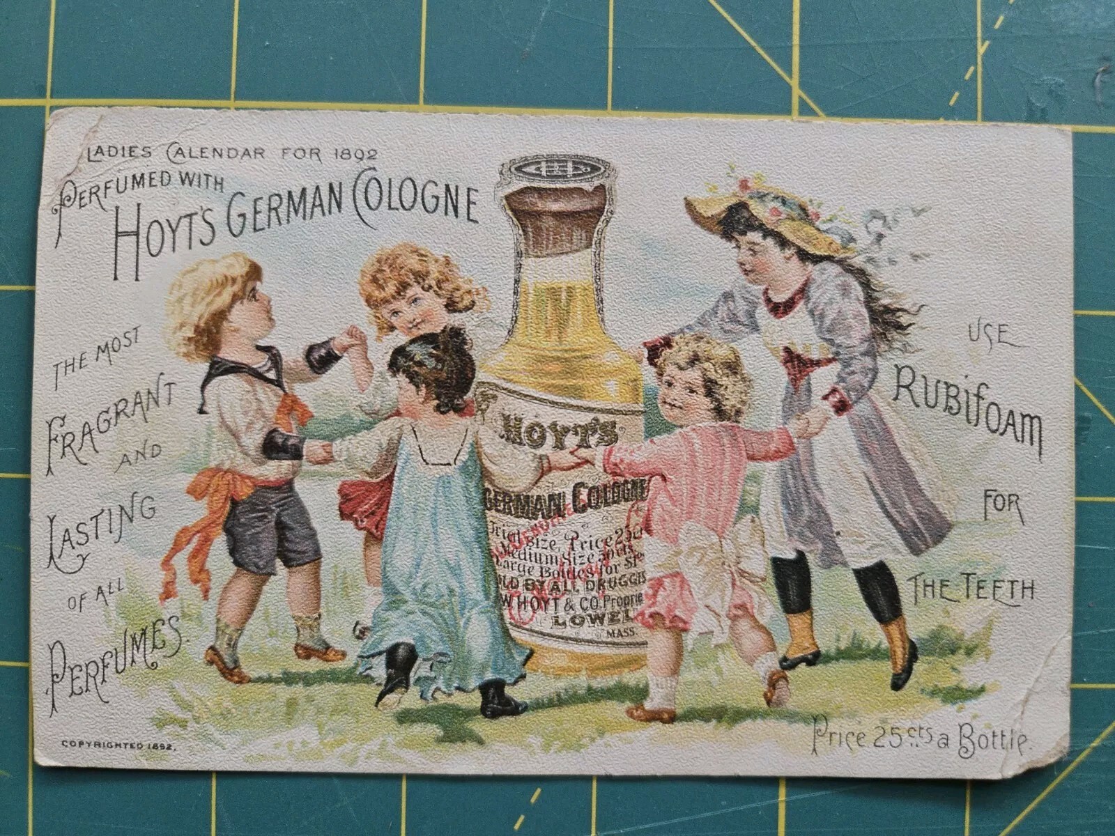 1882 Hoyt’s German Cologne Calendar Trade Card Lowell MA Rubifoam For The Teeth