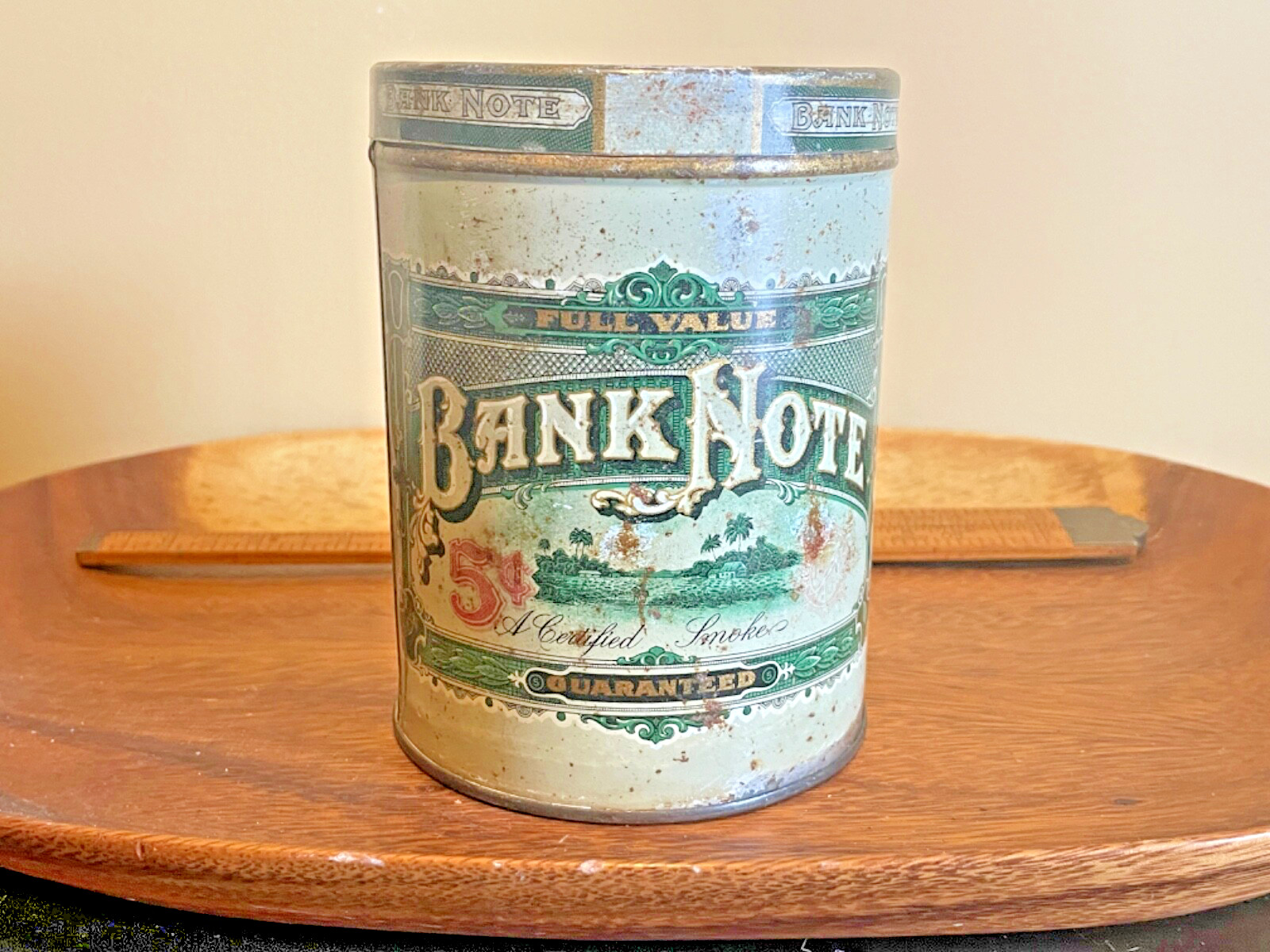 Rare Vintage EMPTY Bank Note Round Tobacco Tin Advertising Tin Made USA–1468.24