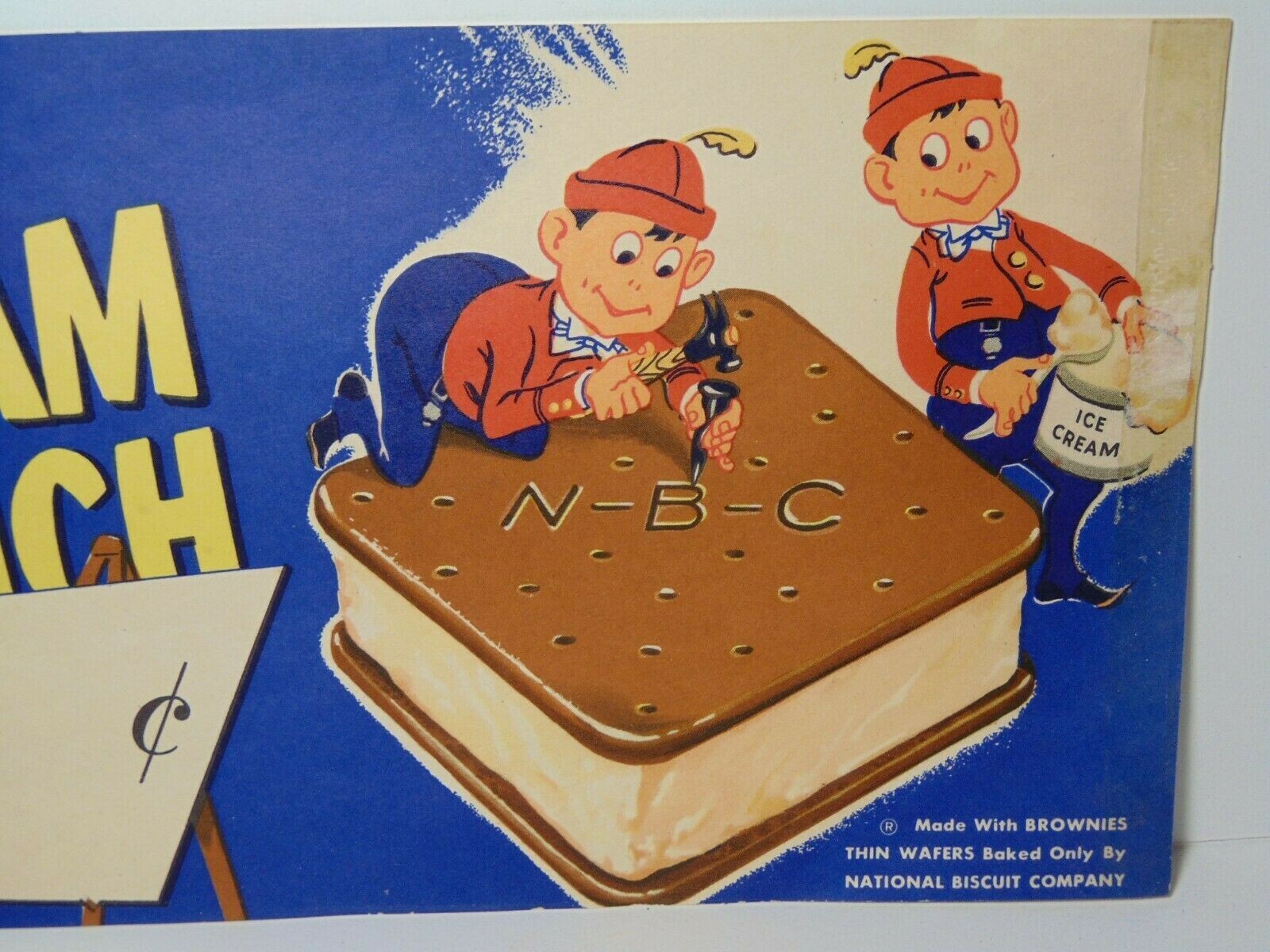 Old Vintage 1950s NBC Brownie Ice Cream Sandwich Advertising Sign Elves Graphic