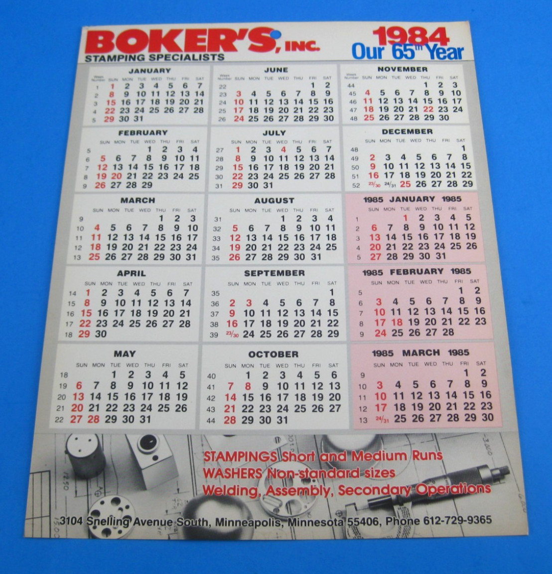 Boker’s Inc. Stamping Specialists Vintage 1984 Calendar Minneapolis Minnesota MN