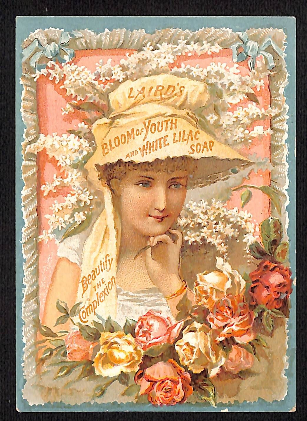 Laird’s Bloom of Youth and White Lilac Soap Victorian Trade Card Woman w/ Roses