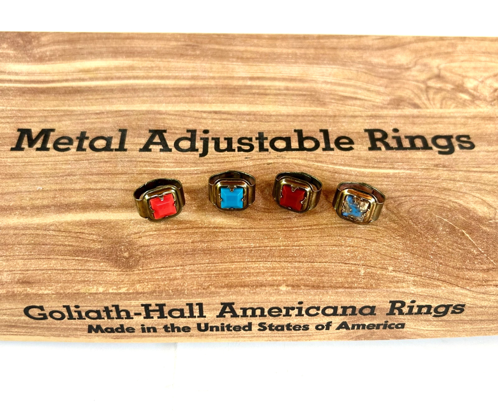 LOT 4 VTG GOLIATH-HALL AMERICANA FAUX GEM ADJUSTABLE METAL NOVELTY GUMBALL RINGS
