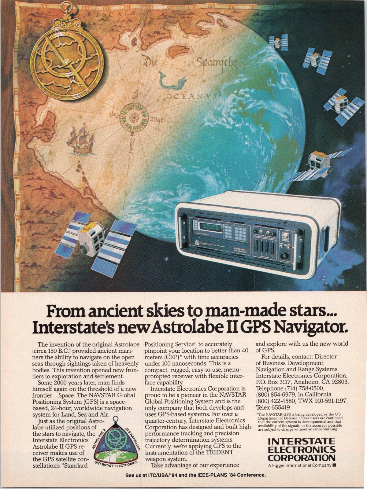 Interstate Electronics Corp Astolabe II GPS Navigator Dept Defense Print Ad 1984