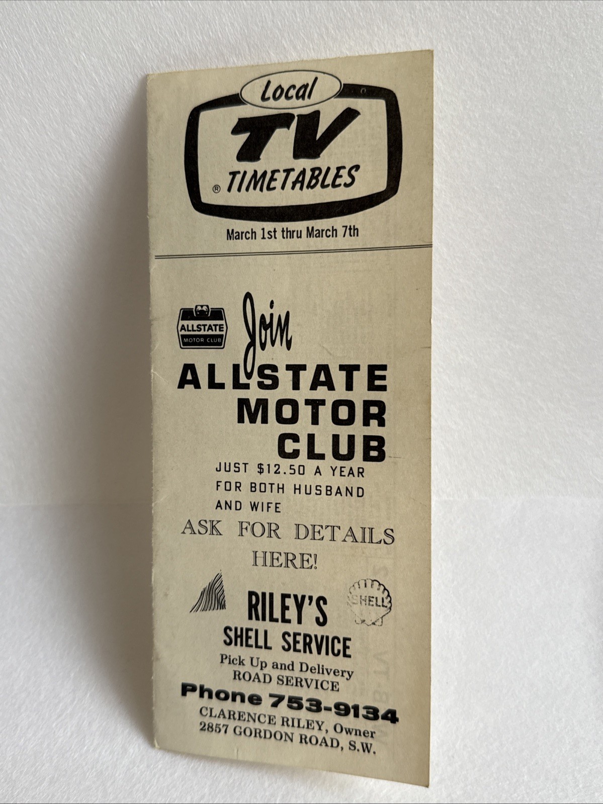1968 Allstate Ins TV Guide Timetables Pamphlet Riley’s Shell Service Atlanta GA