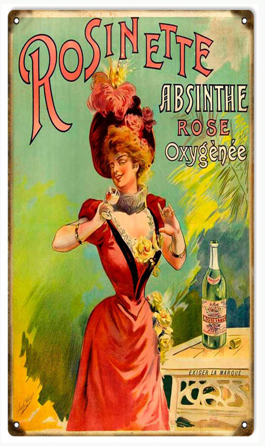 ROSINETTE ABSINTHE ROSE OXYGENEE 14″ HEAVY DUTY USA MADE METAL BAR WARE AD SIGN