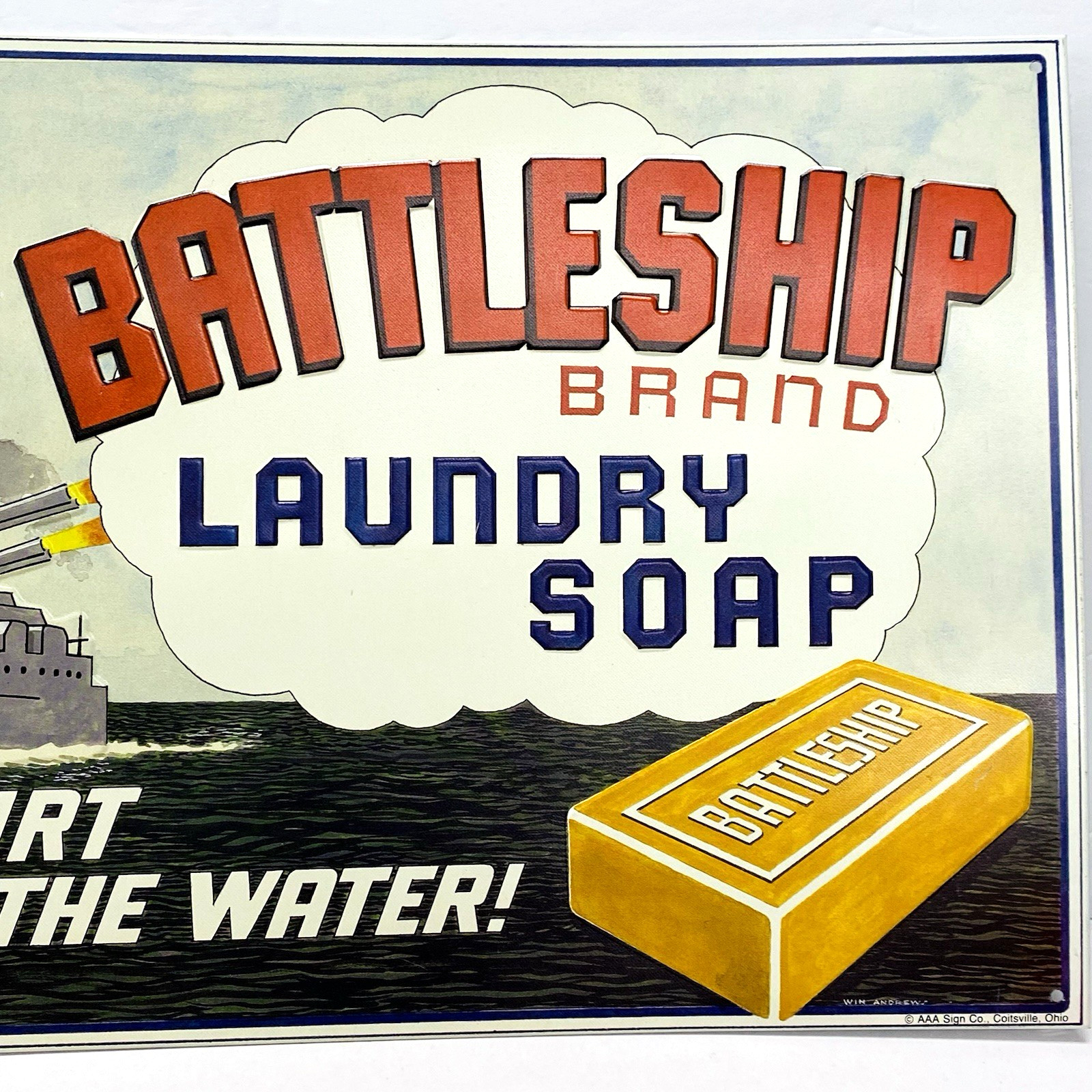 Vtg 1993 Battleship Brand Laundry Soap Metal Tin Sign Retro Style Repro 10 x 16