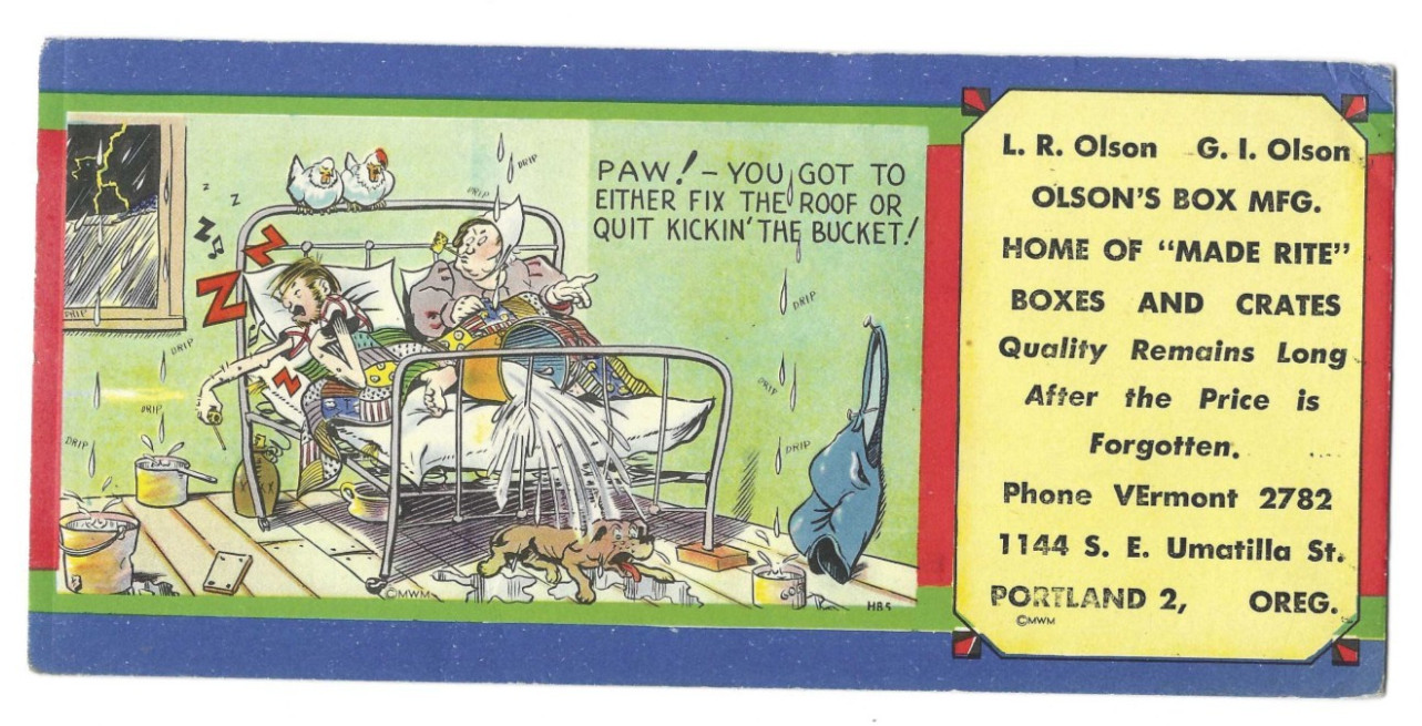 Old Advertising Premium Blotter Olson Box Crate Manufacturer Portland Oregon