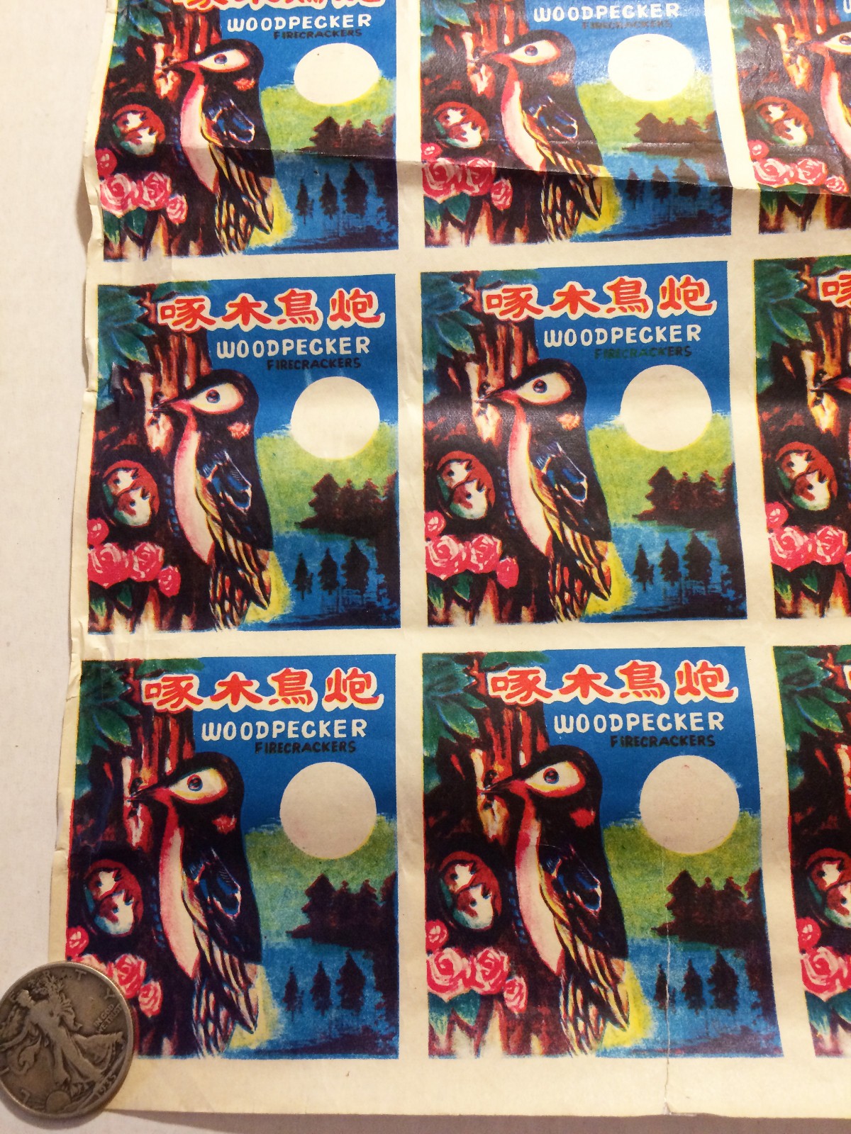 Sheet Of 30 Uncut Woodpecker Brand Chinese Firecracker Labels 1970s-80s China