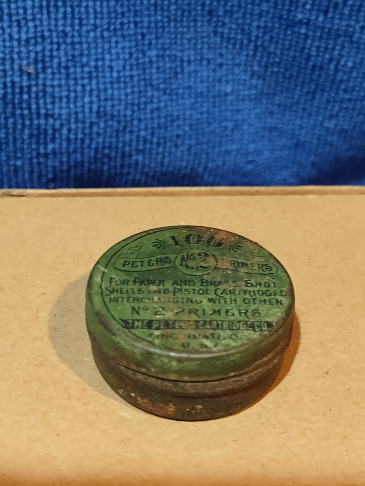 antique advertising tin -Peters Cartridge Company 100 No. 2 primers