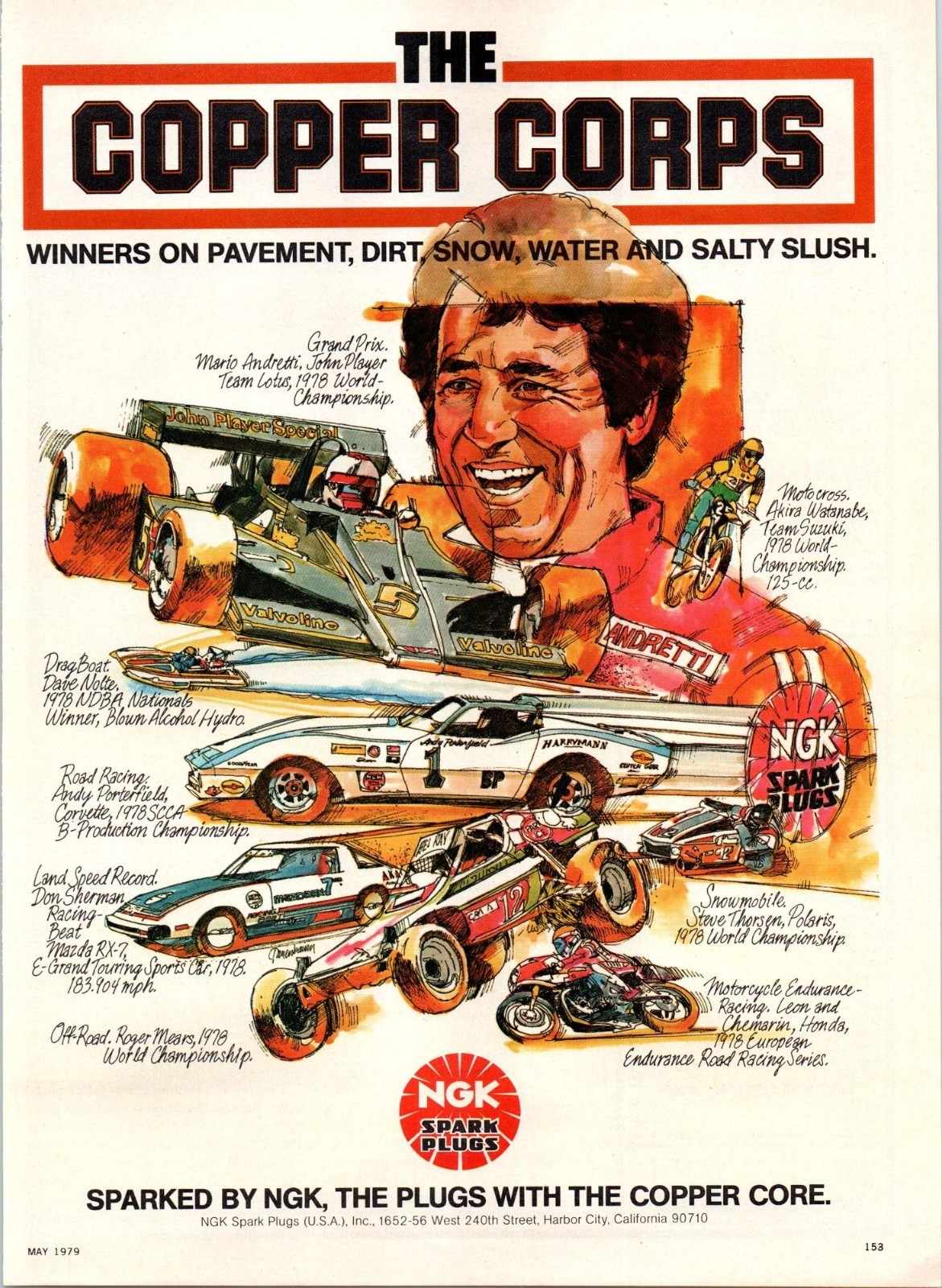 1979 NGK Spark Plugs Mario Andretti Vintage Print Ad Car Racing 70s Wall Art