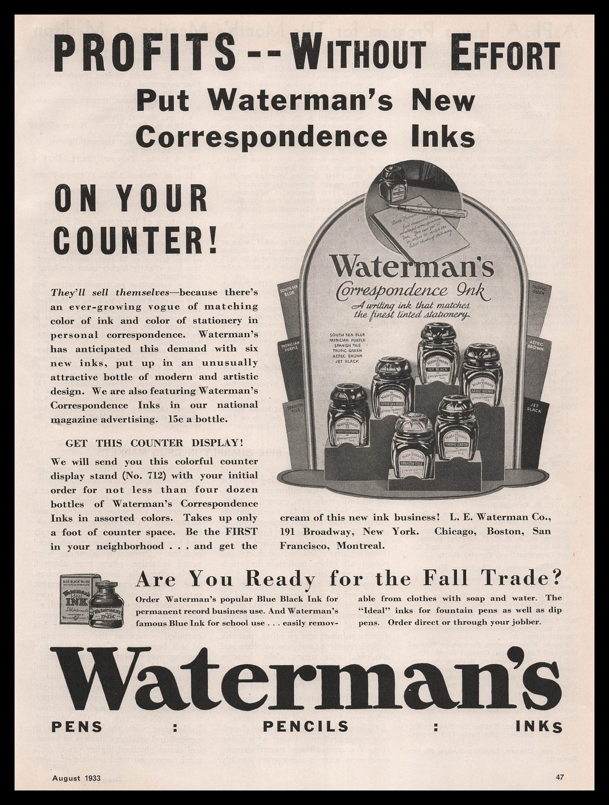 1933 Waterman’s Correspondence Ink Drug Store Counter Display Vintage Print Ad