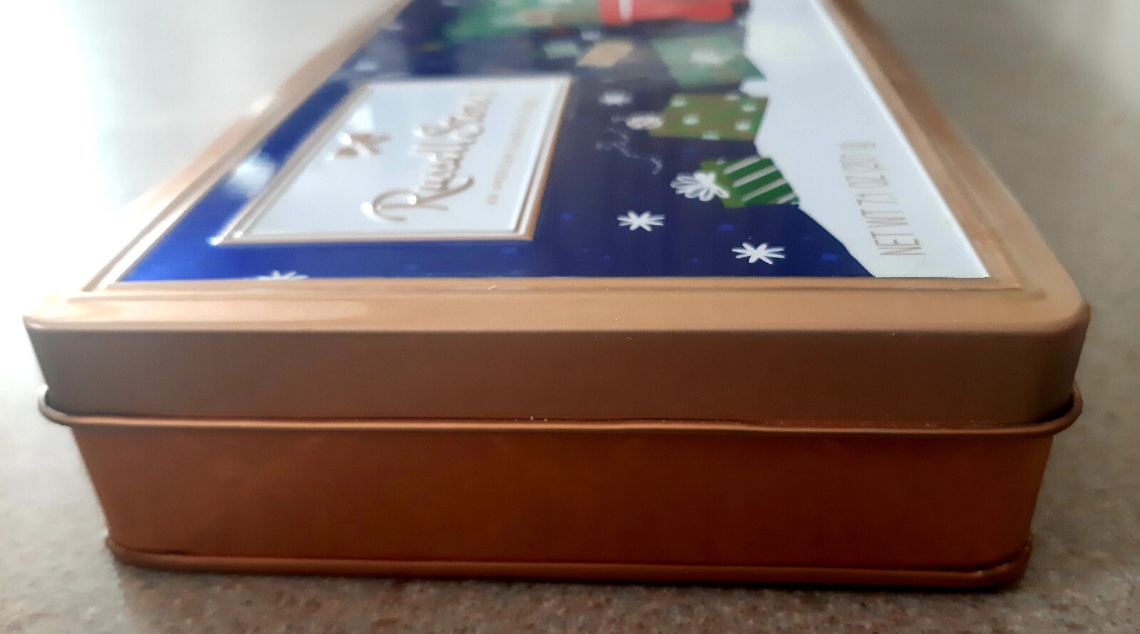 Empty Russell Stover Pick Up Truck Red Blue Gold Metal Tin With Lid 12″ x 4.5″