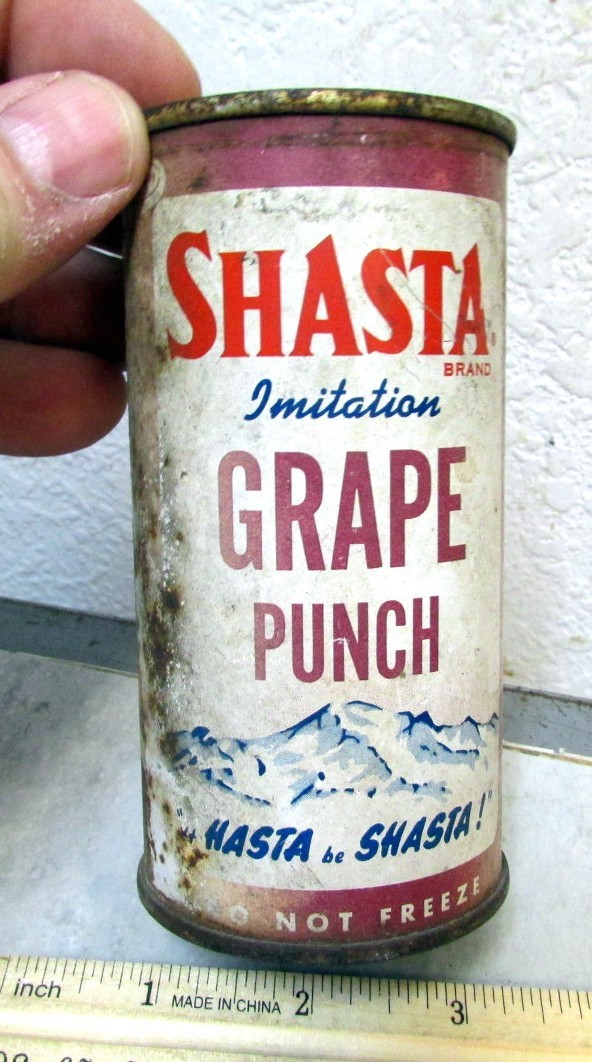 Vintage Shasta grape punch flat top empty soda tin, very rusty, fun decor tin