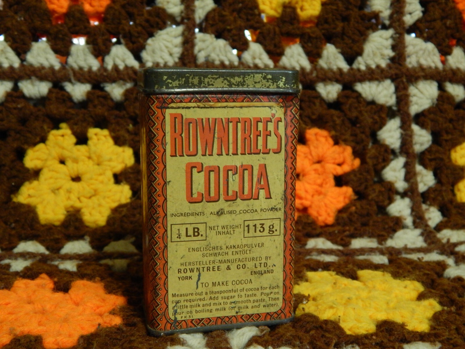 Rowntree’s Cocoa (1/4LB.) Empty Metal Tin (York-England) Top Shelf Stash Box