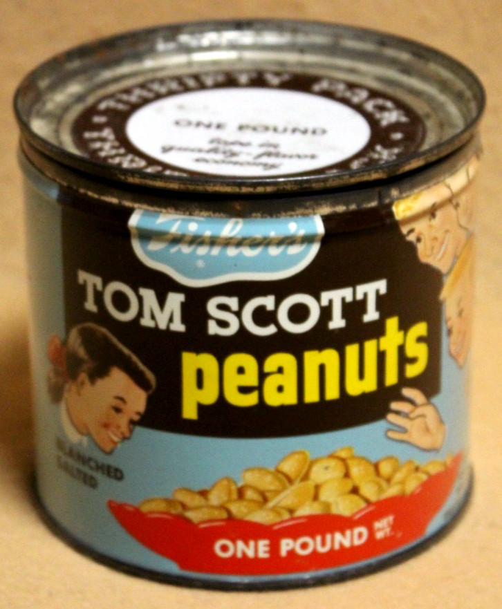 Vintage Fisher’s TOM SCOTT peanuts one pound Tin with Lid Blanched Salted Peanut