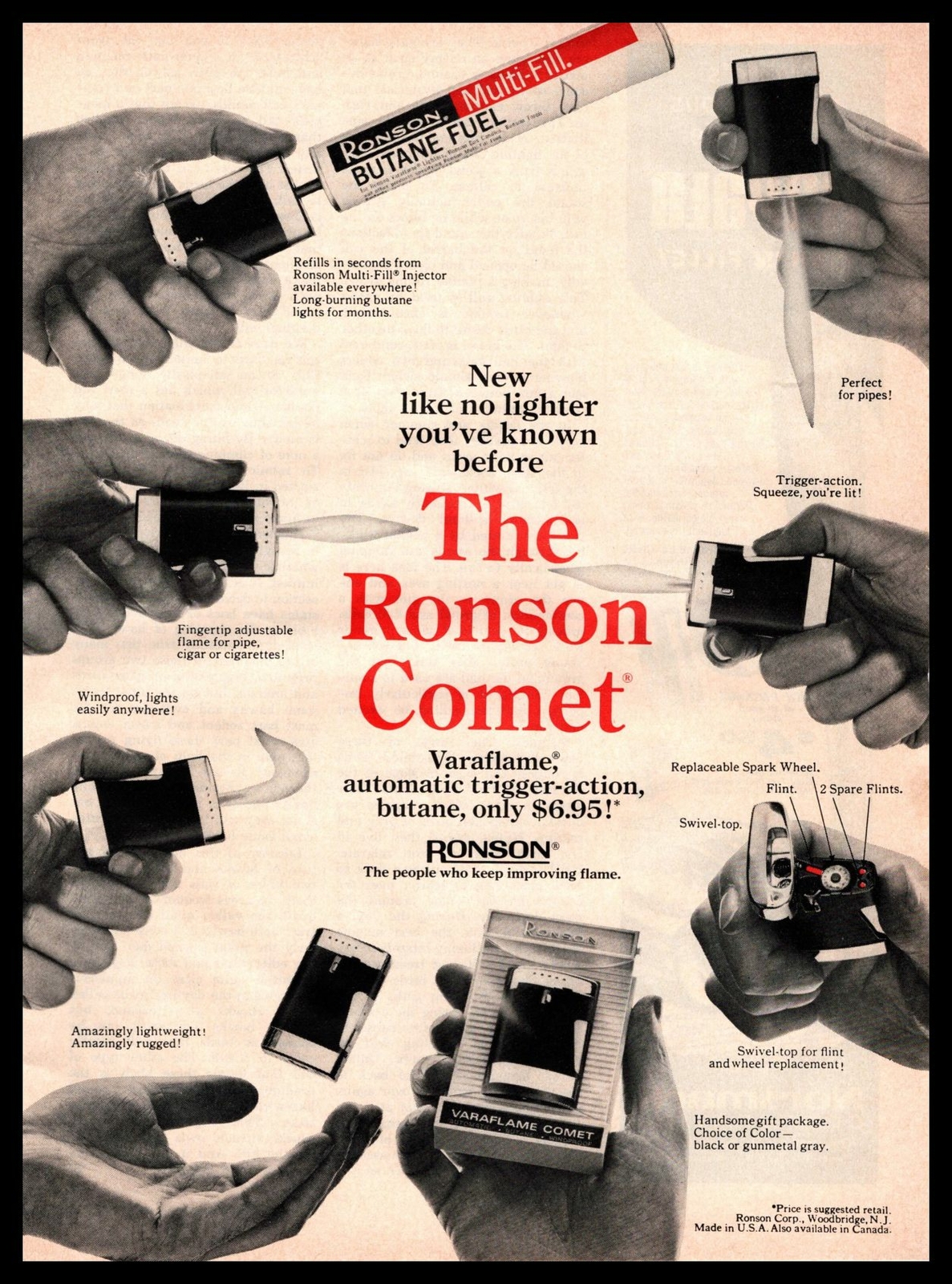 1968 Ronson Comet Varaflame Automatic Butane Cigarette Lighter Vintage Print Ad