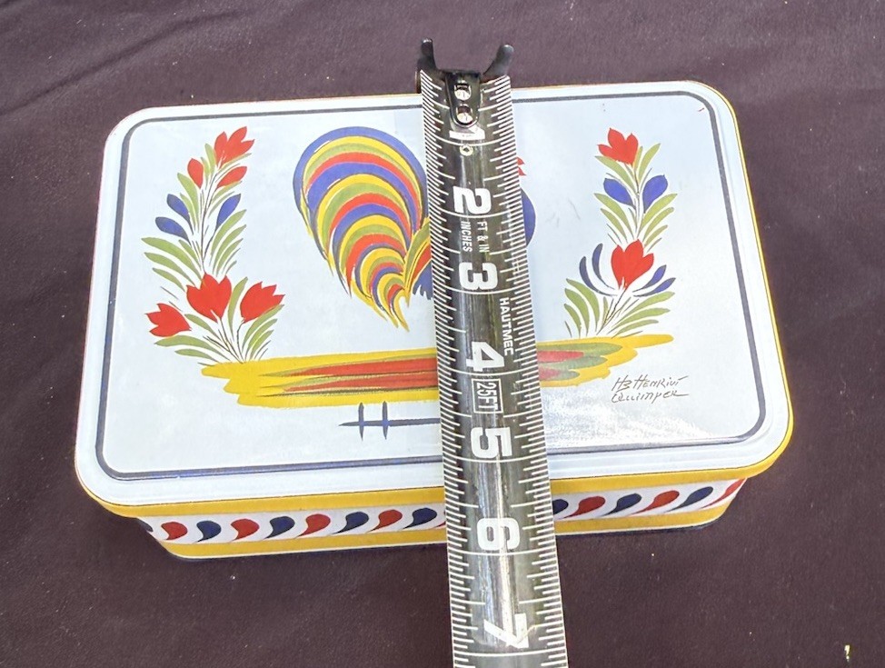 HB HENRIOT QUIMPER rooster RECTANGULAR BISCUIT TIN metal canister FRANCE -LO25