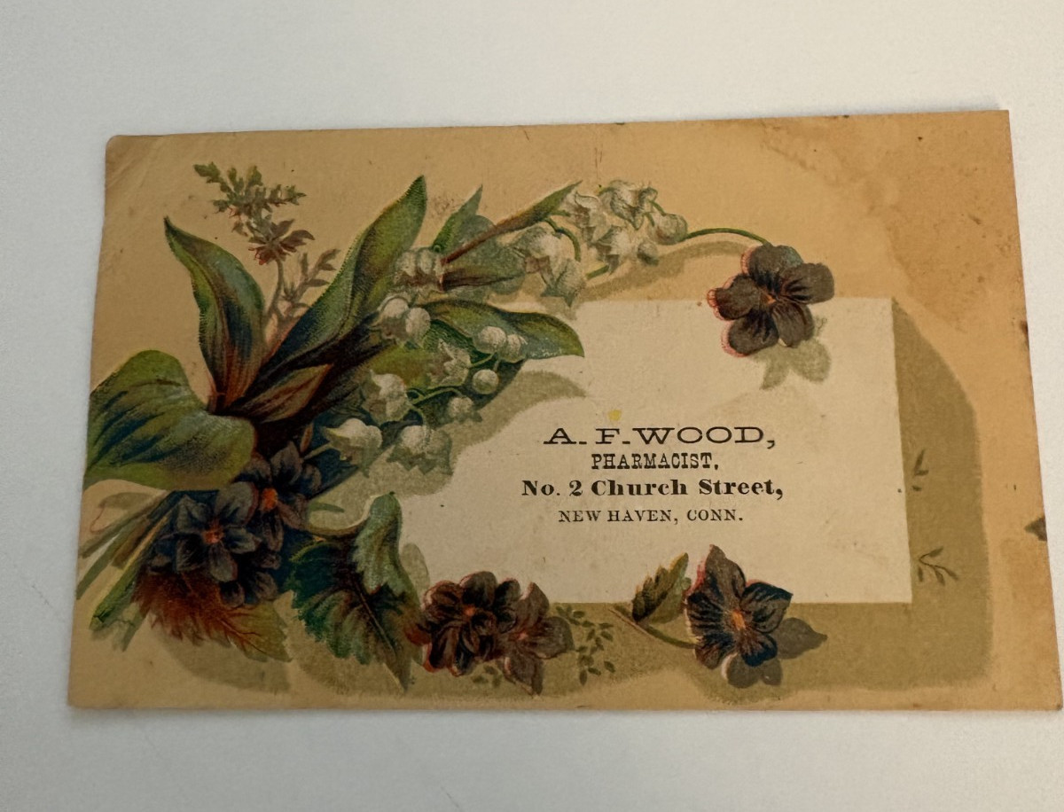 A F Wood Pharmacist New Haven Connecticut Purple Flowers Vict Card c1880s