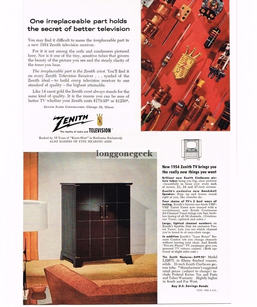 1953 Zenith Nocturne Ebony-finished Cabinet TV Television Vintage Print Ad