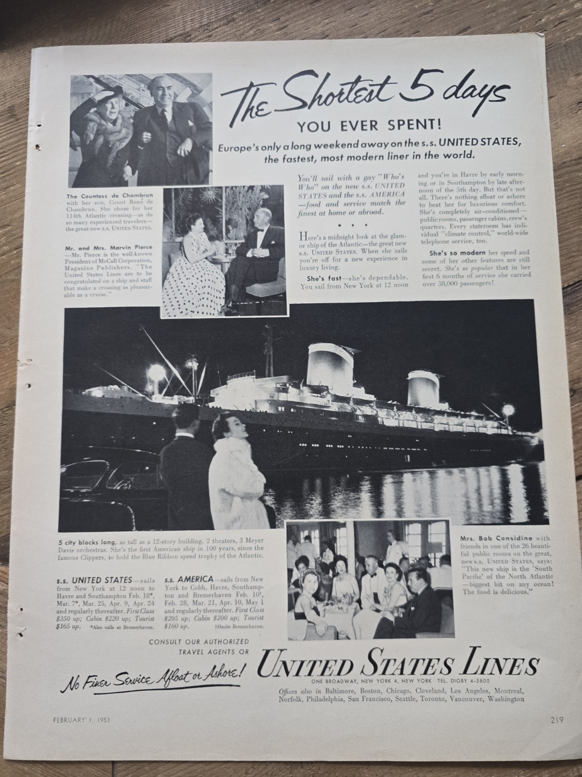 1953 S.S. United States America Cruise Ship Lines Shortest 5 Days Vintage Ad