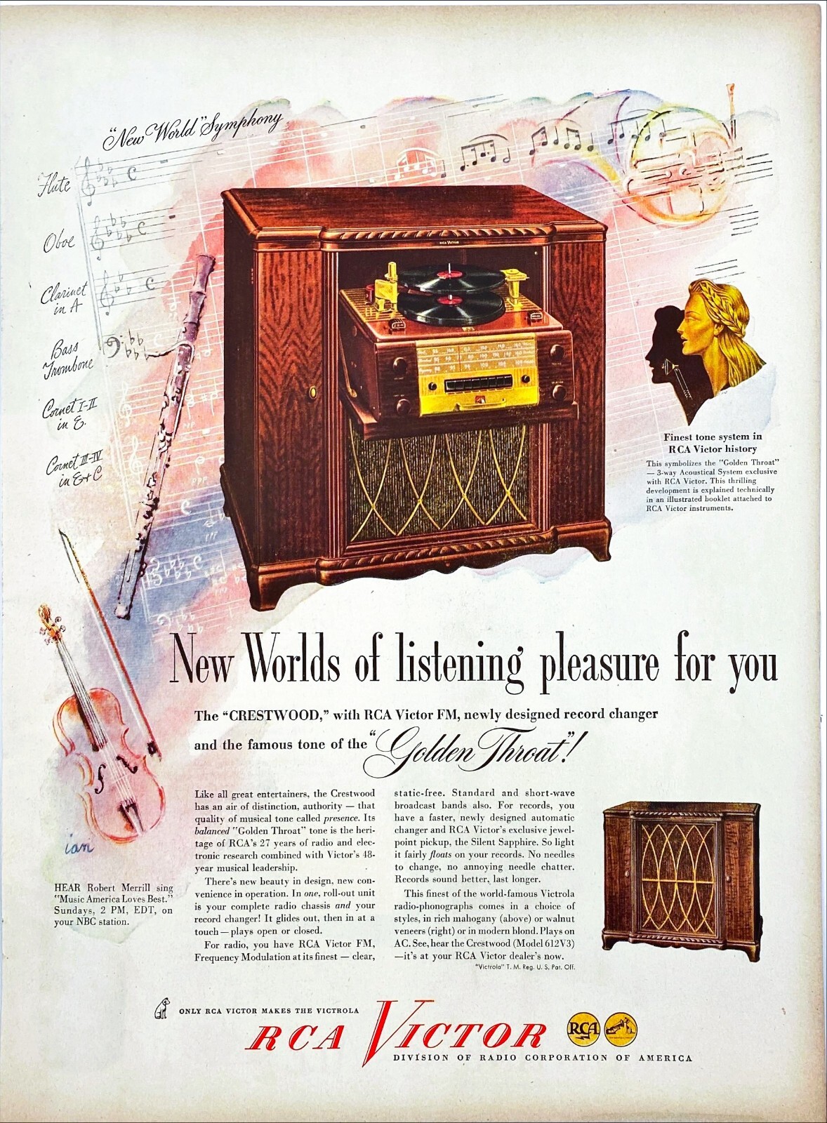 RCA Victor Crestwood Radio Phonograph Mahogany Wood Grain Vtg Magazine Print Ad