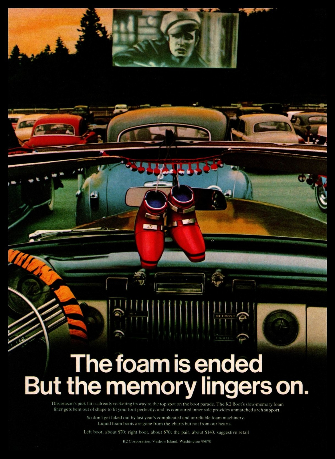 1972 K2 Snow Skis Drive-In Movie Marlon Brando “The Wild One” Vintage Print Ad