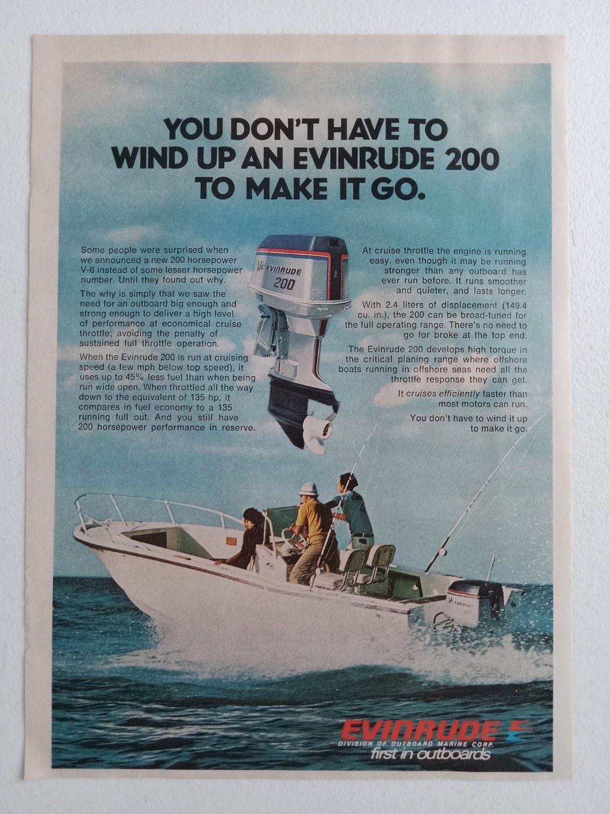 1976 Outboard Marine Corp. Print Ad Evinrude 200 HP V-6 Outboard Motor Fishermen