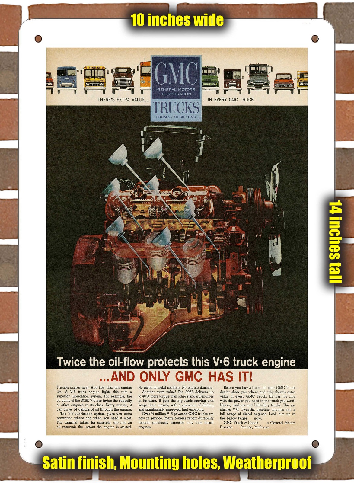 Metal Sign – 1962 GMC Truck V-6 Engine – 10×14 inches