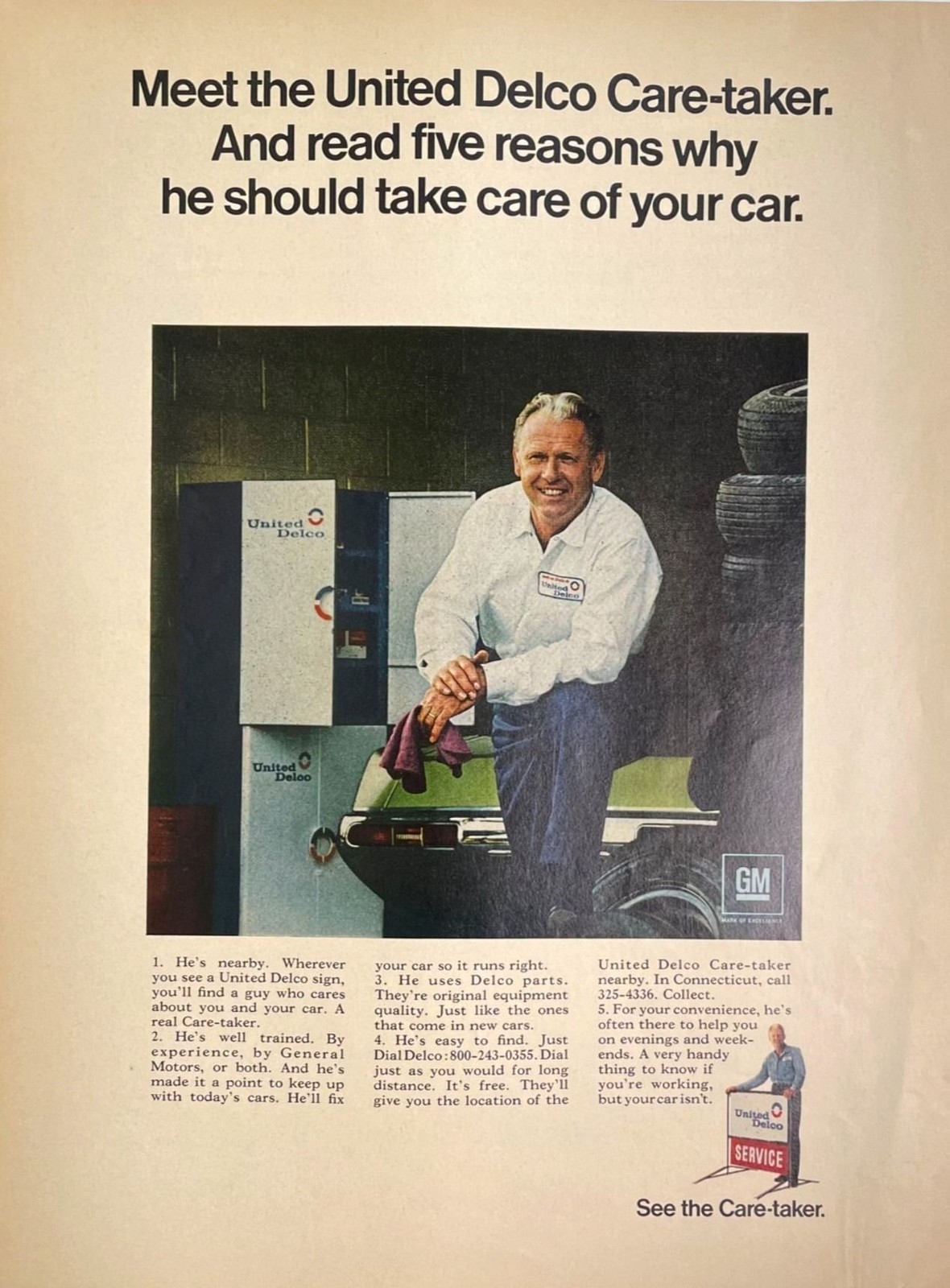 Meet The United Delco Care-Taker Vintage Print Ad 1968 GM Auto Parts Service u