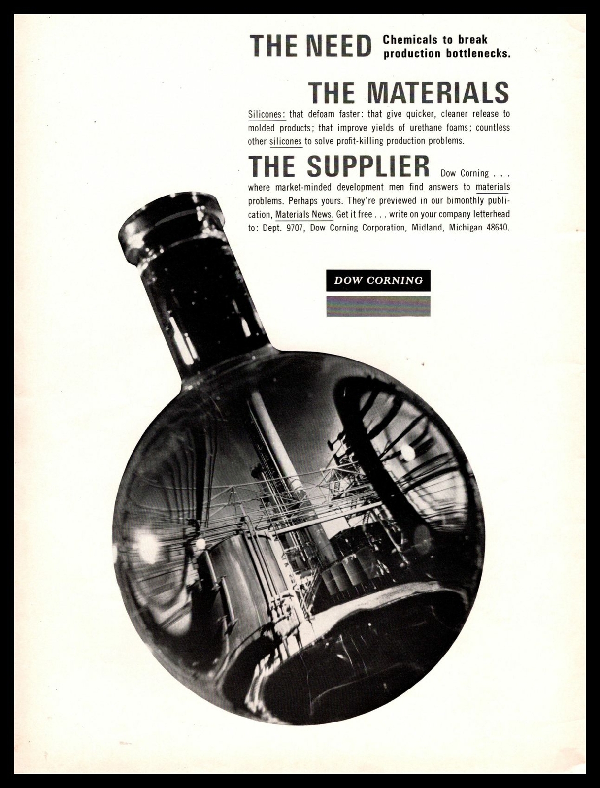 1966 Dow Corning Midland MI “Materials News” Industry Trade Magazine Print Ad