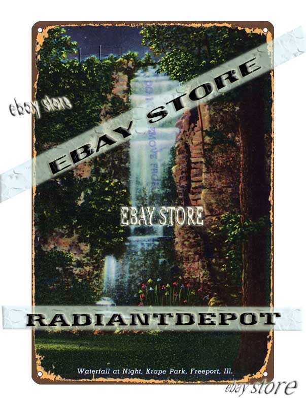 Tin Sign 1940 Waterfall Krape Park Freeport Illinois Night Scene lodge cafe pub