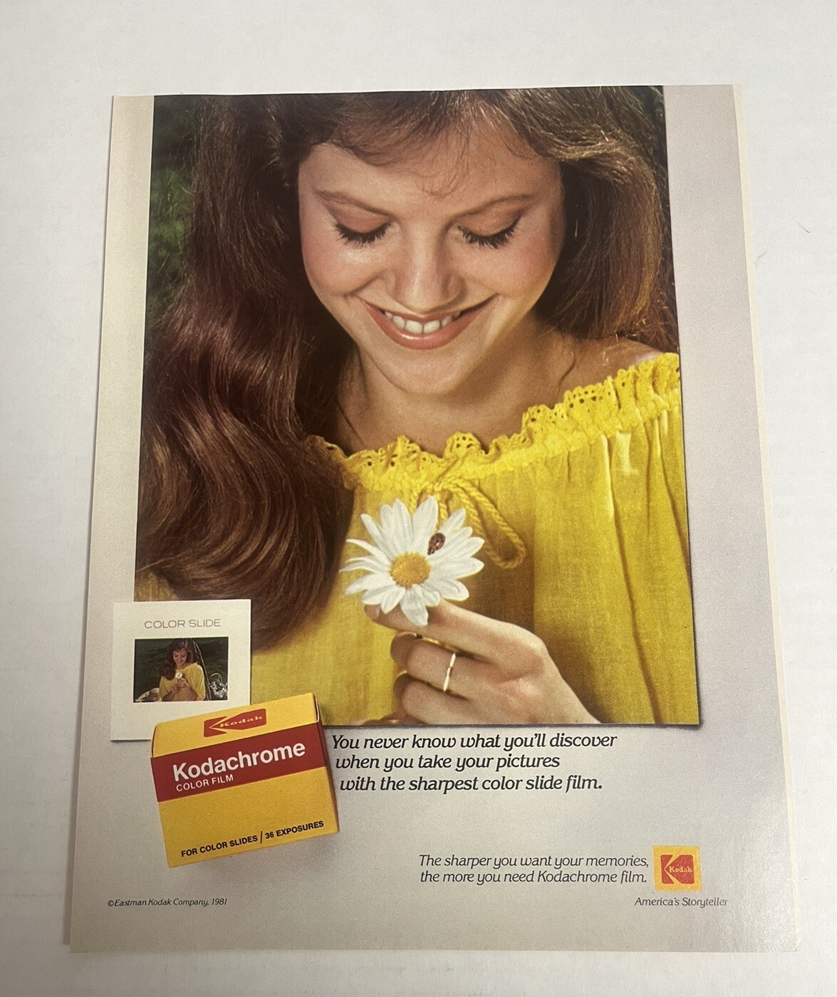 1981 Kodak Kodachrome Film Woman WIth Daisy Original Print Ad Yellow Dress