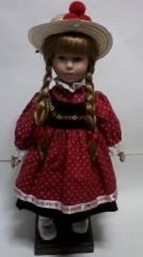 Tupperware Doll Porcelain Red Black Dress Straw Hat 1980 Vintage 16 inch