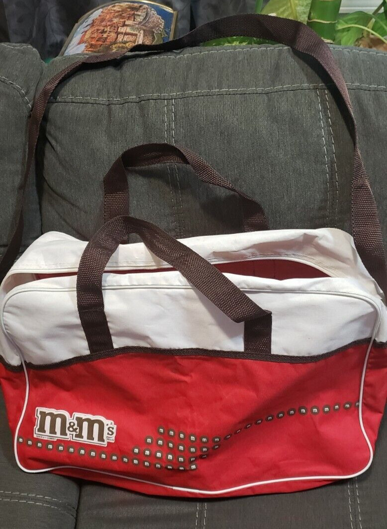 M&M Chocolate Candies Cloth Bag Vinyl Like Advertising Candy Red Brown Shoulder