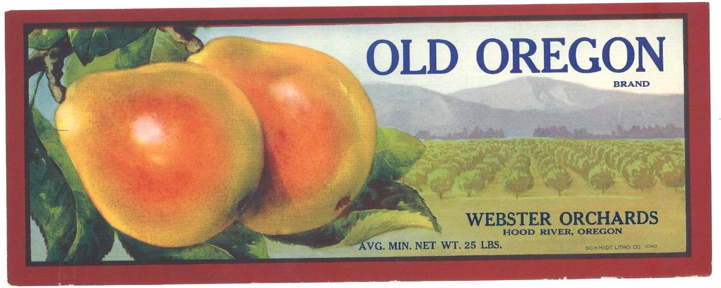 Original OLD OREGON lug pear crate label Webster Orchards Hood River Oregon #2