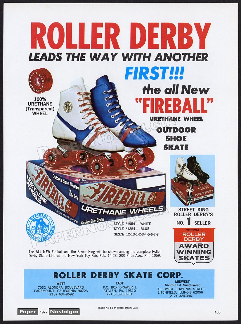 ROLLER DERBY SKATES – Original 1977 Trade AD / ADVERT – Fireball Urethane Promo